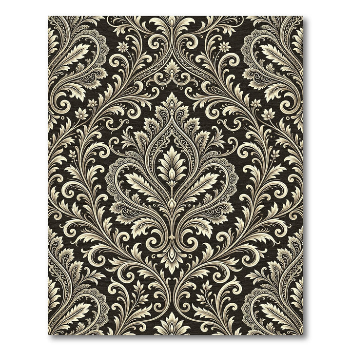 Earthy Cream Black Ornate Damask Rug