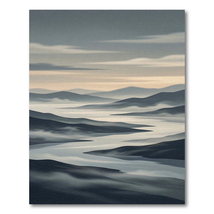 Misty Blue Mountain River Landscape Rug