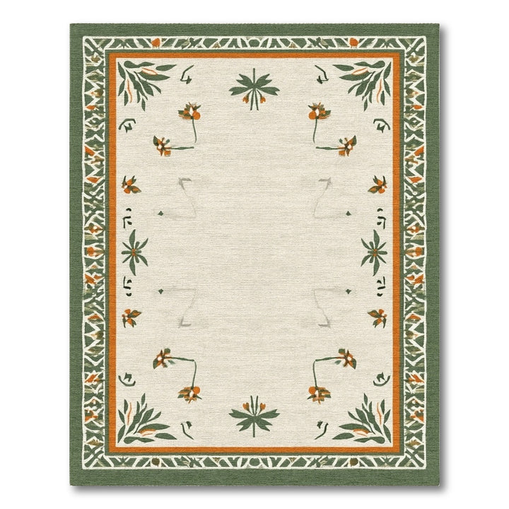 Floral Vintage Beige Area Rug with Green Border