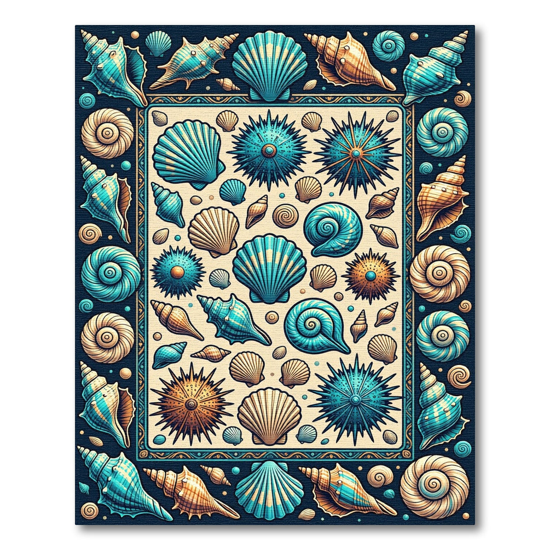 Seashell Motif Teal Orange Border Rug