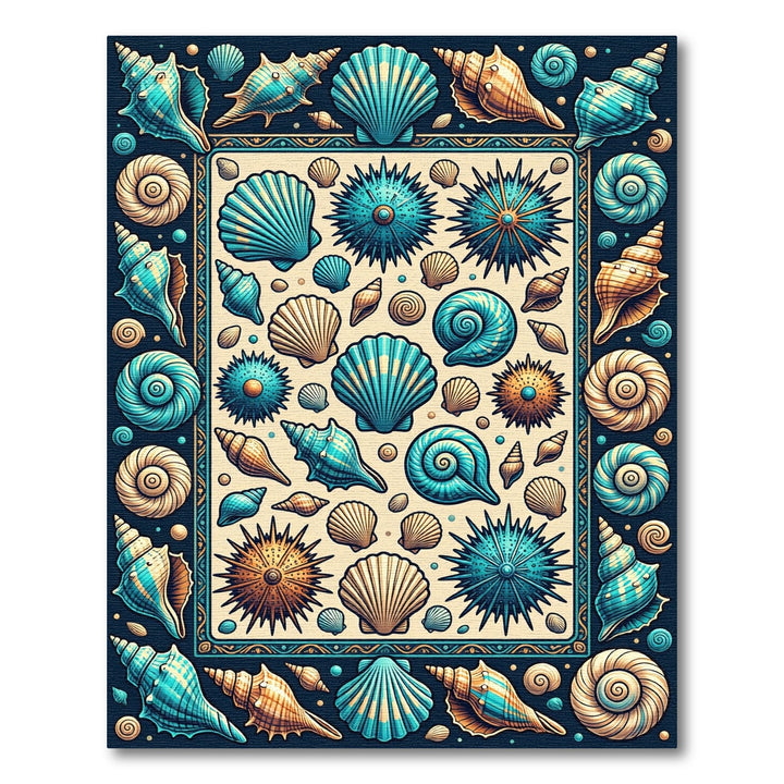 Seashell Motif Teal Orange Border Rug