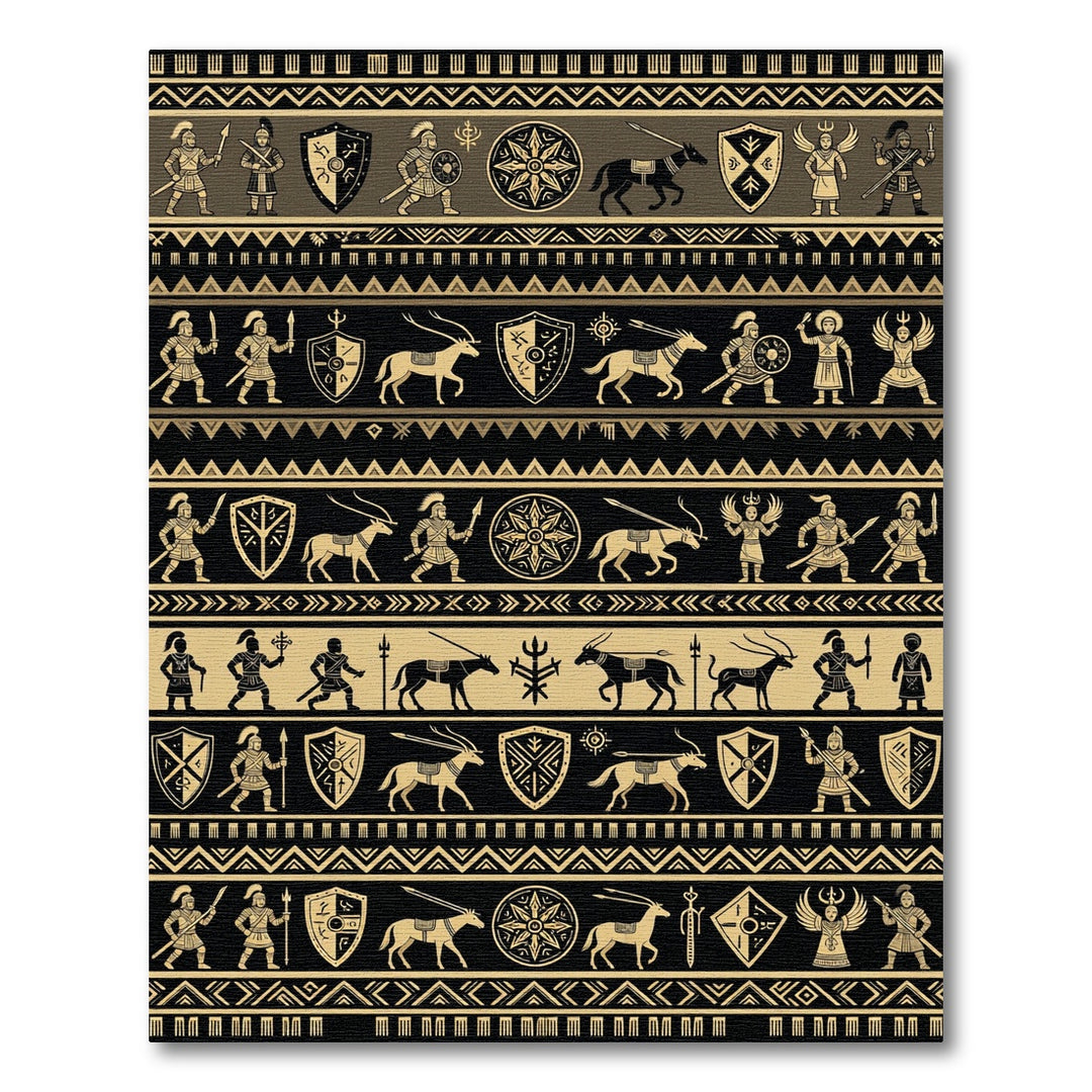 Ancient Warriors and Animals Black Gold Rug