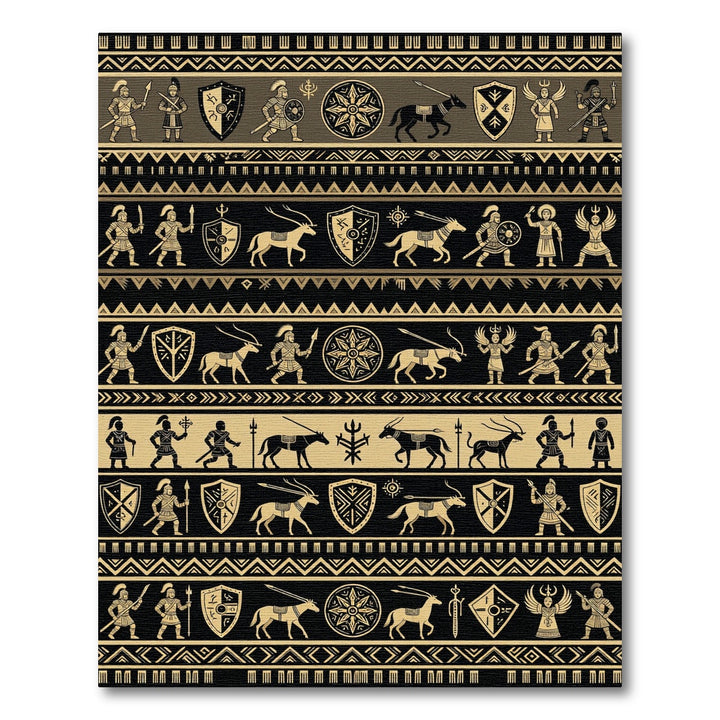 Ancient Warriors and Animals Black Gold Rug