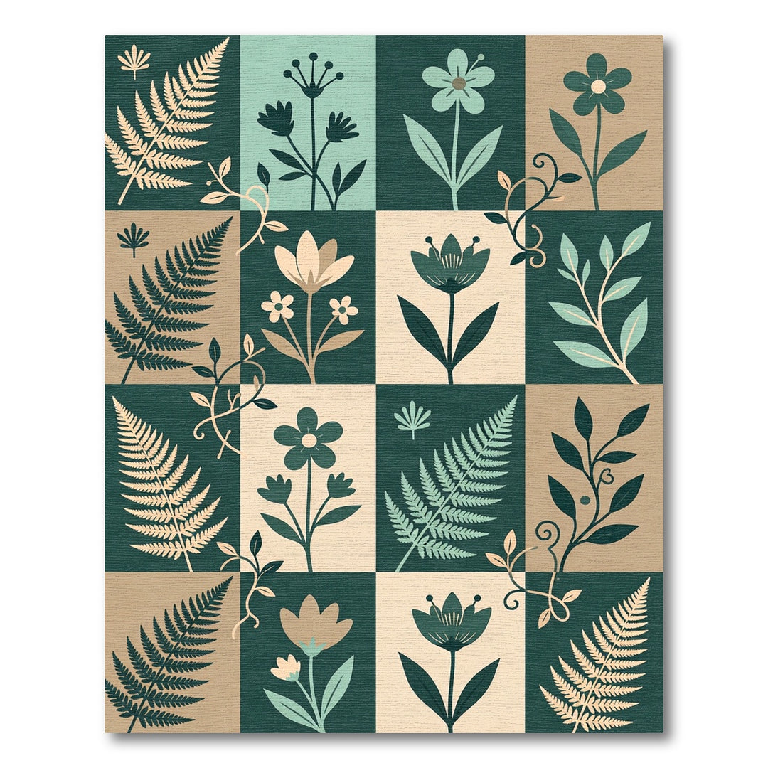 Botanical Fern Floral Squares Arrangement Rug