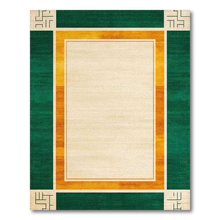 Green Geometric Area Rug with Orange Border