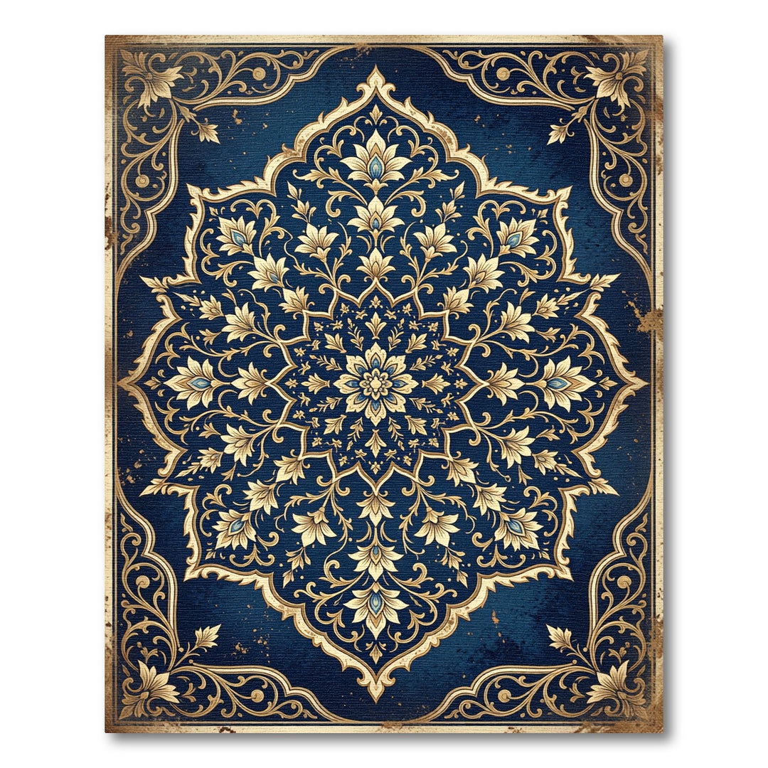 Ornate Golden Flower Navy Round Rug