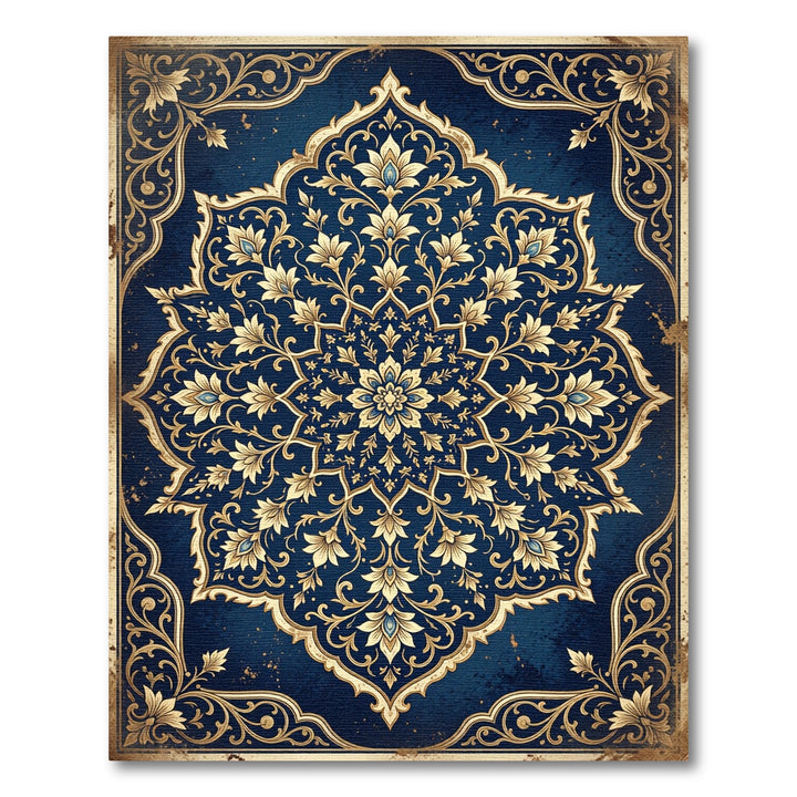 Ornate Golden Flower Navy Round Rug
