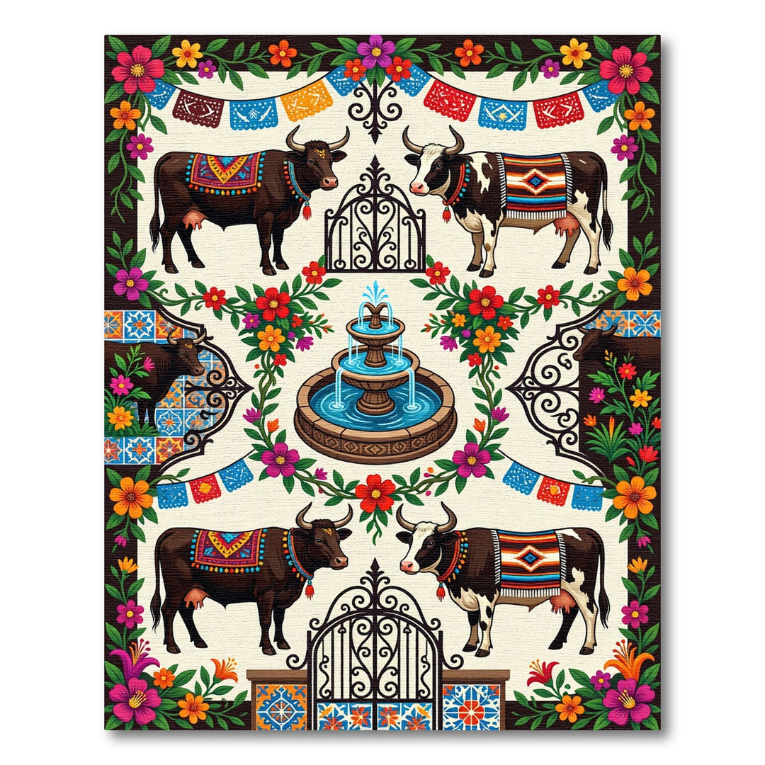 Colorful Fiesta Cows Fountain Rug