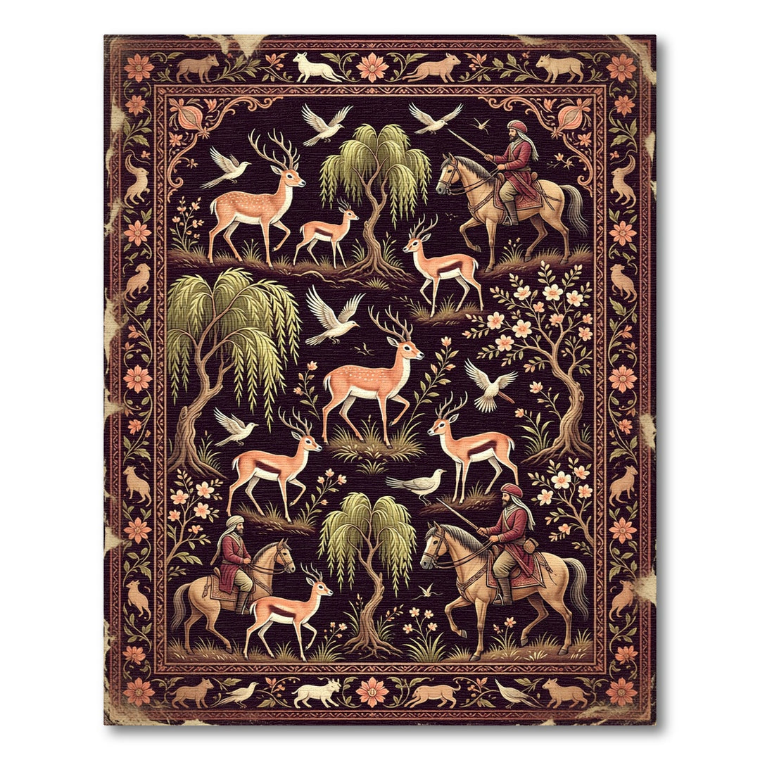 Ancient Hunting Scene Deer Mounted Warrior Rug