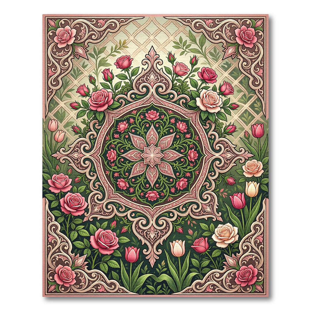 Ornate Pink Rose Garden Medallion Rug