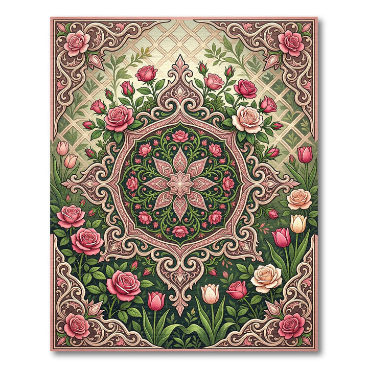 Ornate Pink Rose Garden Medallion Rug
