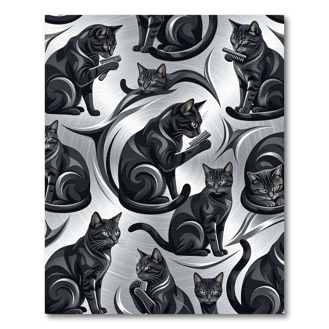 Sleek Black Cats Grooming Silver Swirls Rug