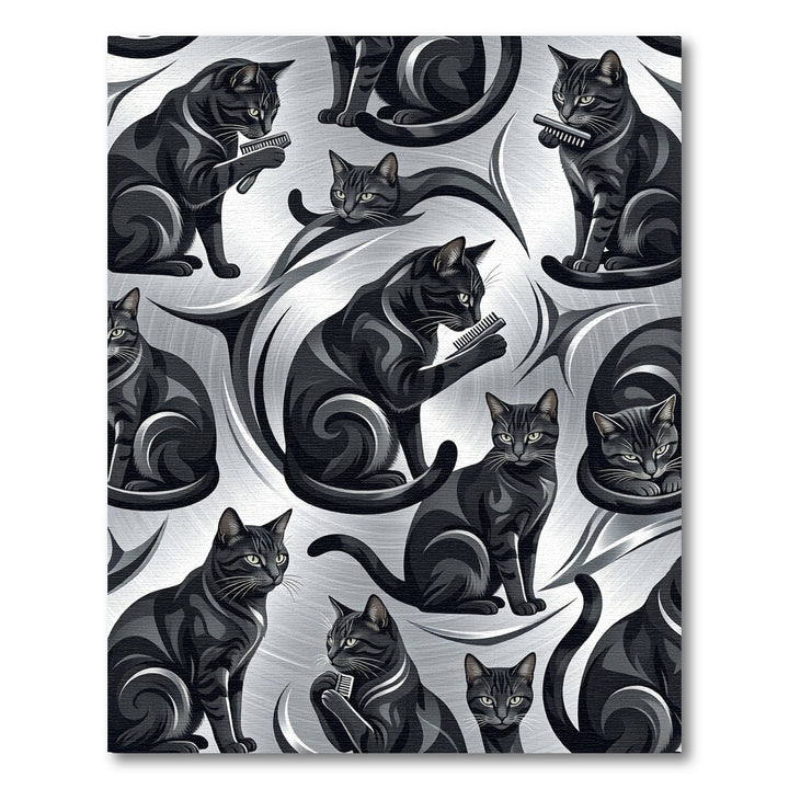 Sleek Black Cats Grooming Silver Swirls Rug