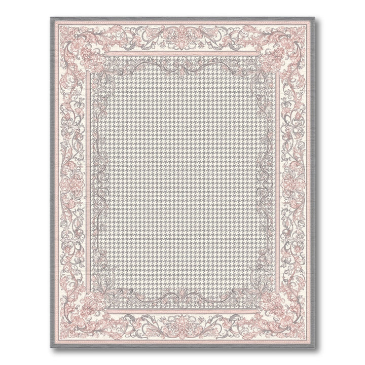 Pink Grey Floral Vintage Houndstooth Rug