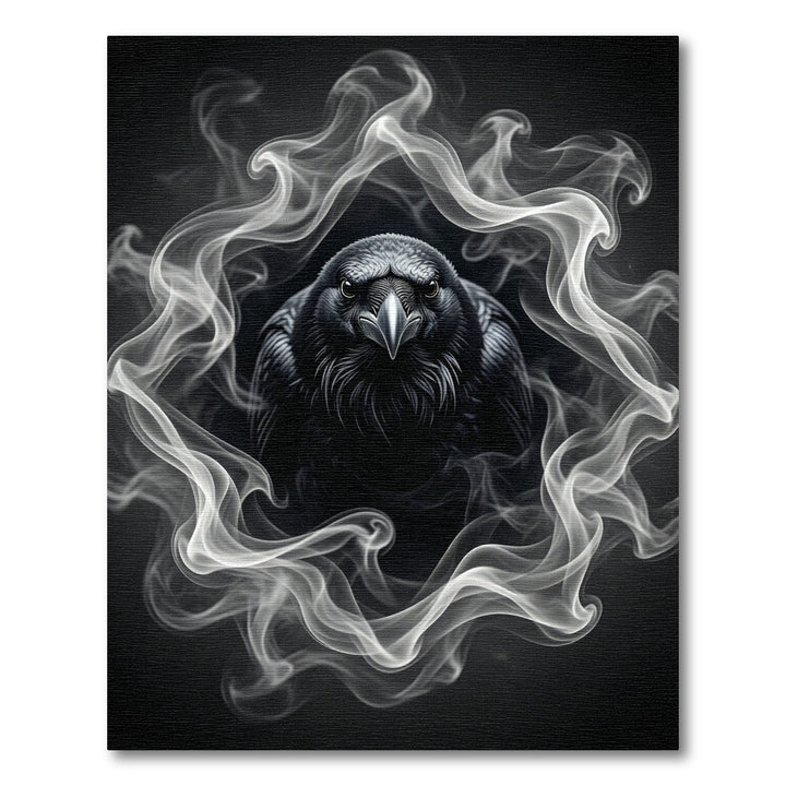 Dark Raven Amidst Swirling Smoke Rug