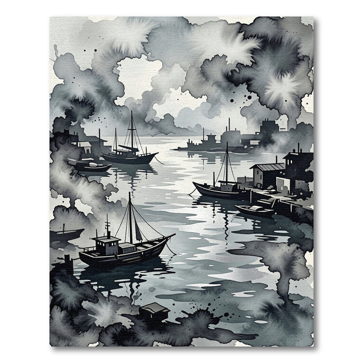 Monochromatic Harbor Boats Ink Wash Rug