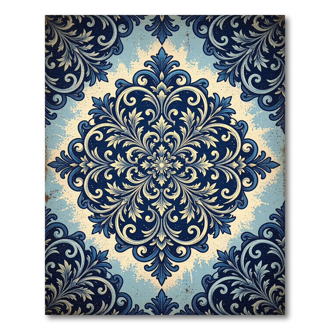 Elegant Navy Blue Damask Medallion Rug