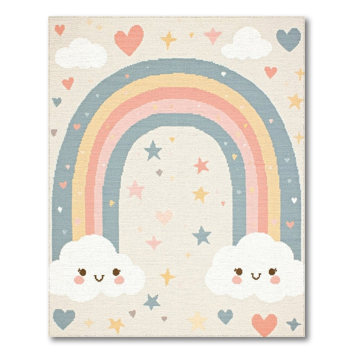 Pastel Rainbow Smiling Clouds Kids Area Rug