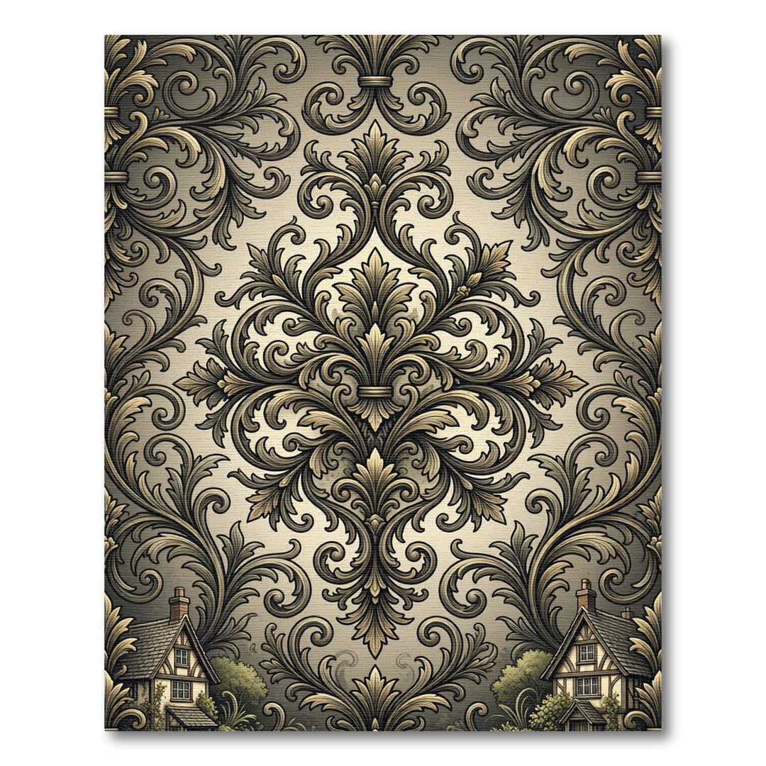 Ornate Vintage Gold Damask Ornament Rug