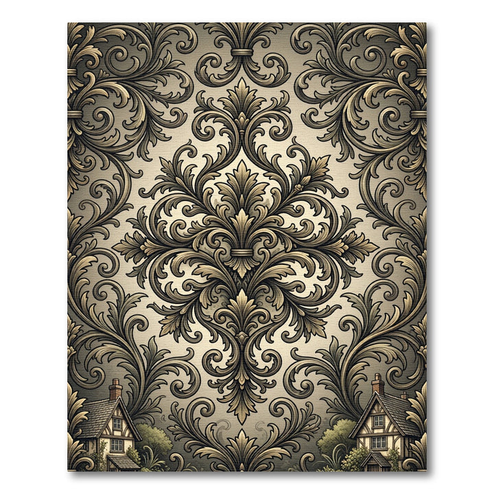 Ornate Vintage Gold Damask Ornament Rug