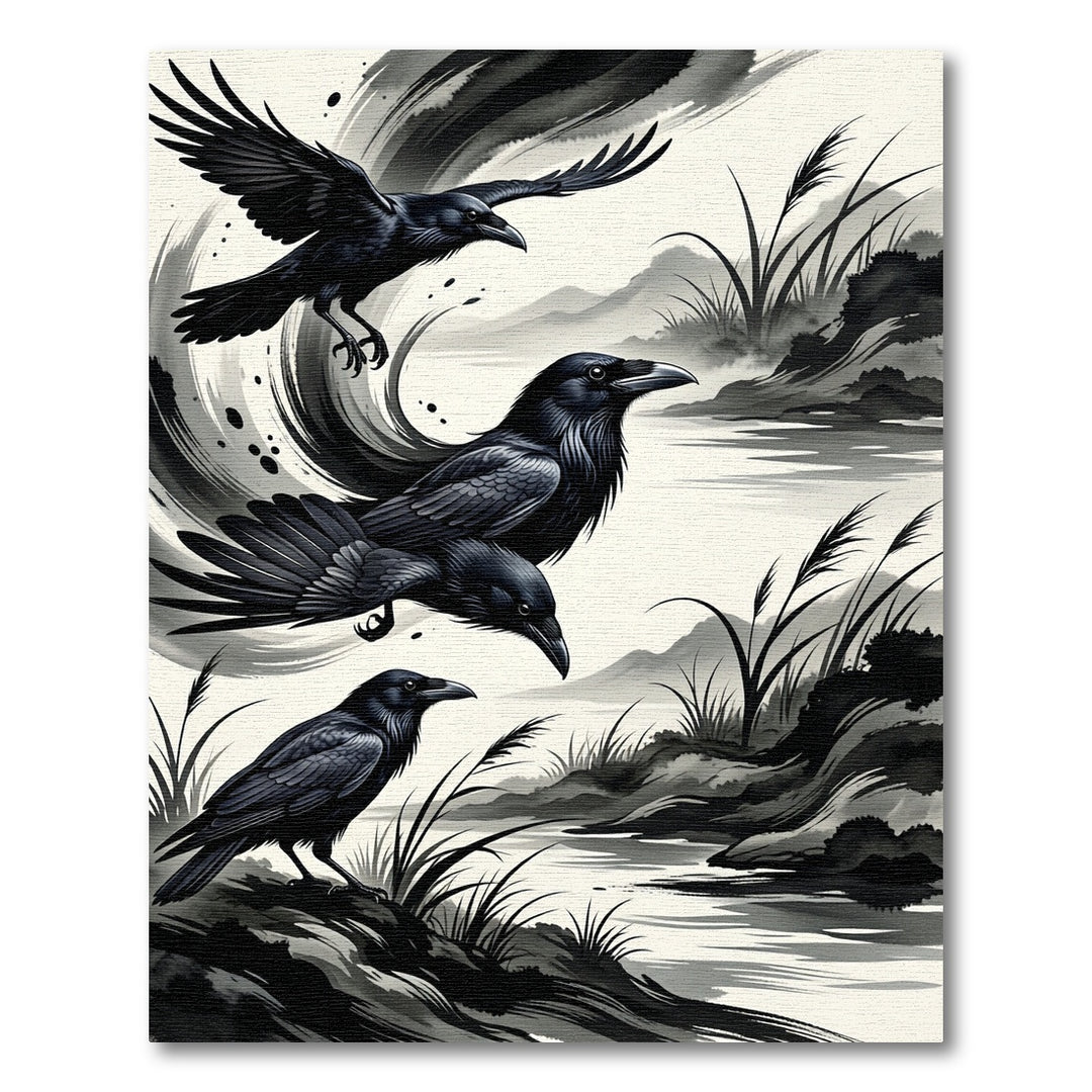 Black Ravens Ink Wash Landscape Rug