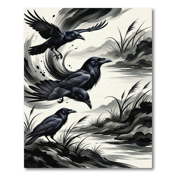 Black Ravens Ink Wash Landscape Rug