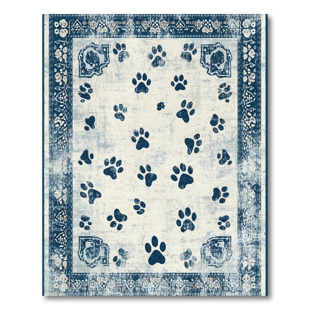 Blue and Teal Distressed Blue Paw Print Area Rug