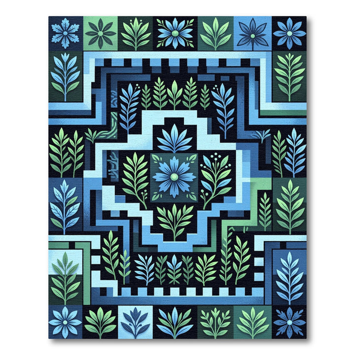 Deep Blue Green Floral Geometric Composition Rug