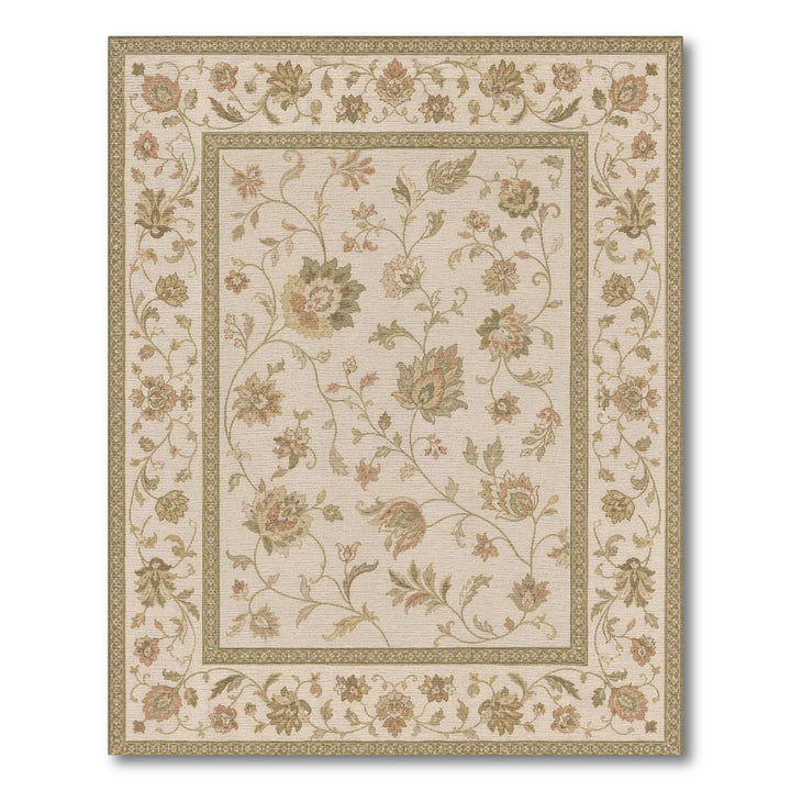 Floral Vintage Beige Area Rug with Green Accents