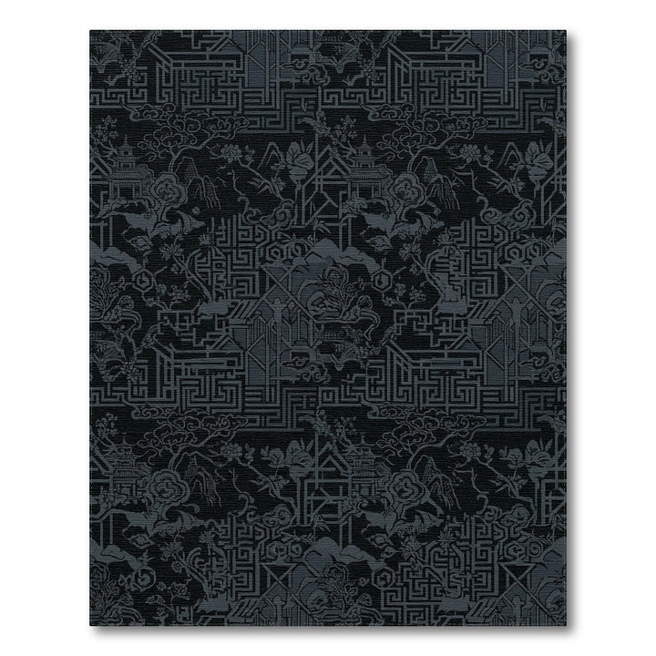 Dark Gray Oriental Temple Landscape Rug