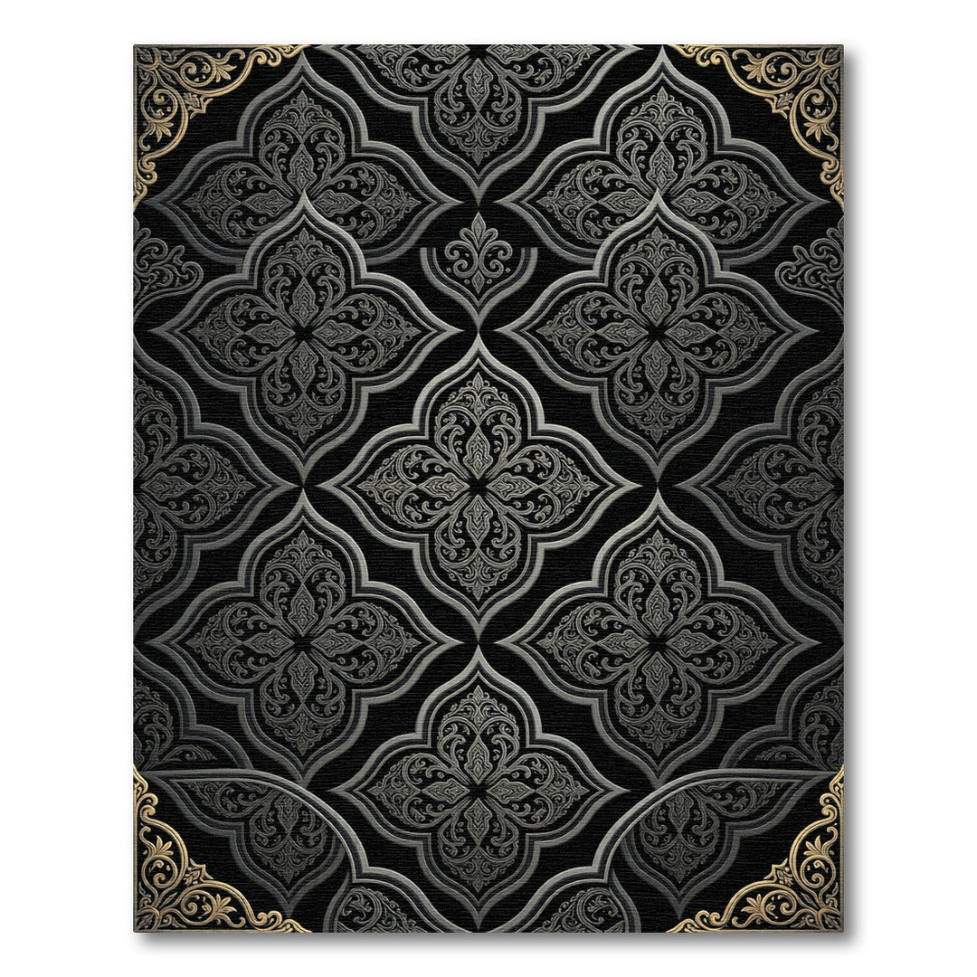 Ornate Black Gray Quatrefoil Relief Rug