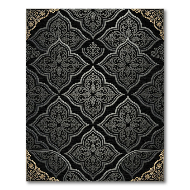 Ornate Black Gray Quatrefoil Relief Rug