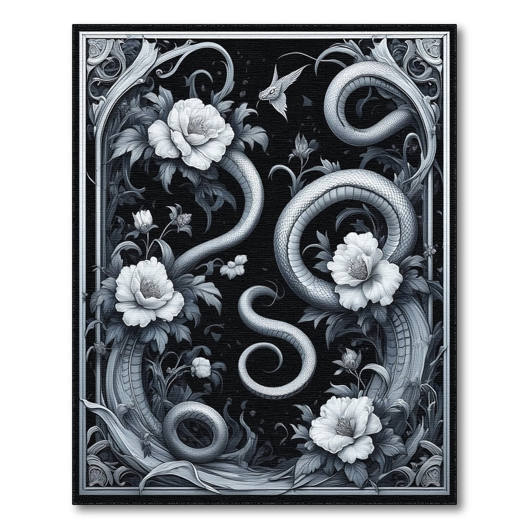 Black White Serpent Floral Area Rug