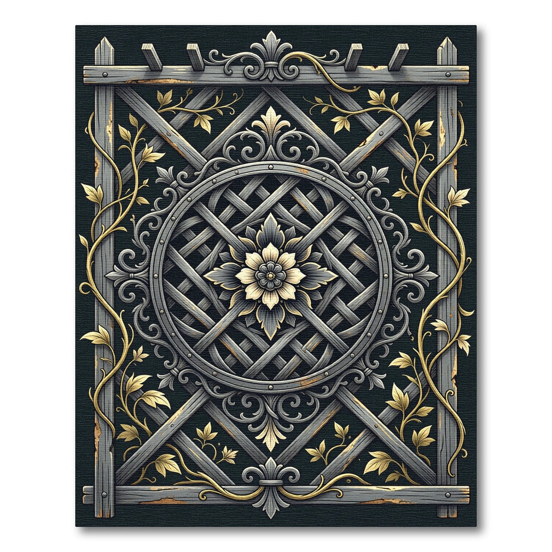 Ornate Grey Gold Floral Lattice Rug