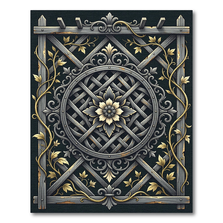 Ornate Grey Gold Floral Lattice Rug