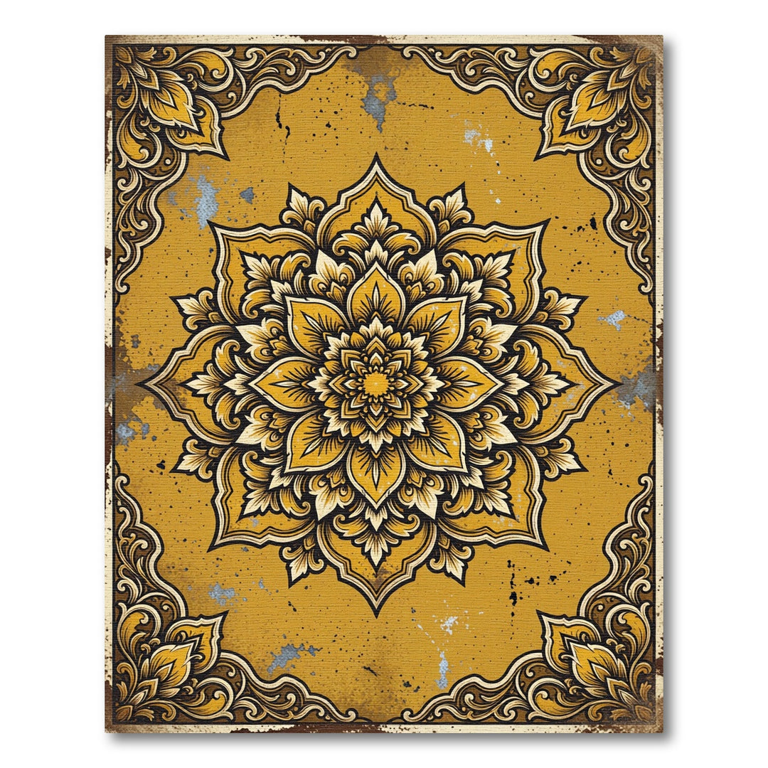 Golden Yellow Ornate Mandala Rug