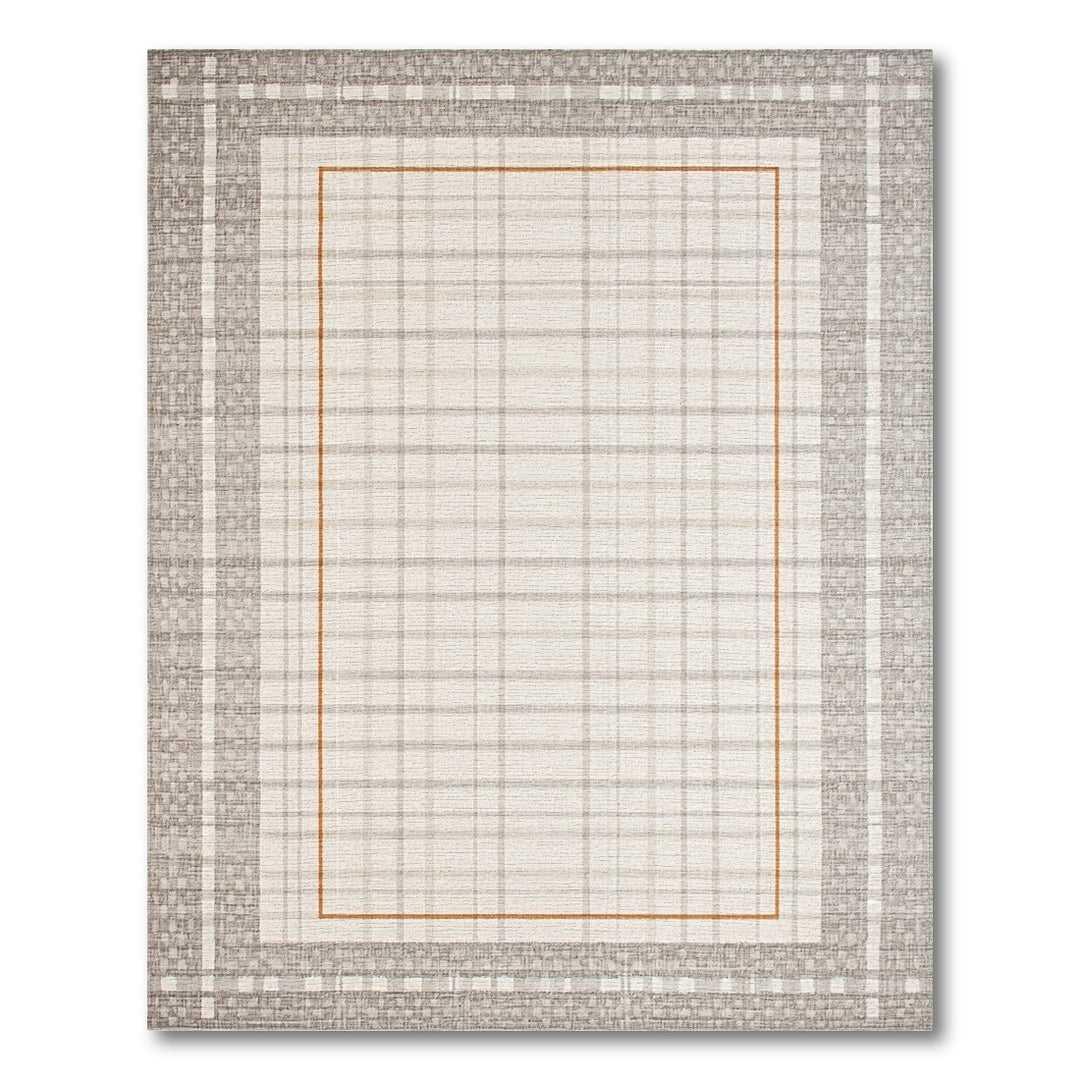 Neutral Grid Plaid Area Rug with Orange Border