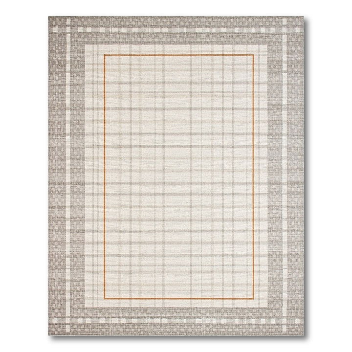 Neutral Grid Plaid Area Rug with Orange Border