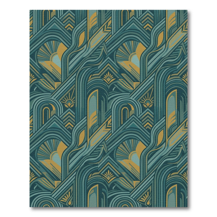 Teal Gold Geometric Sunburst Arch Rug