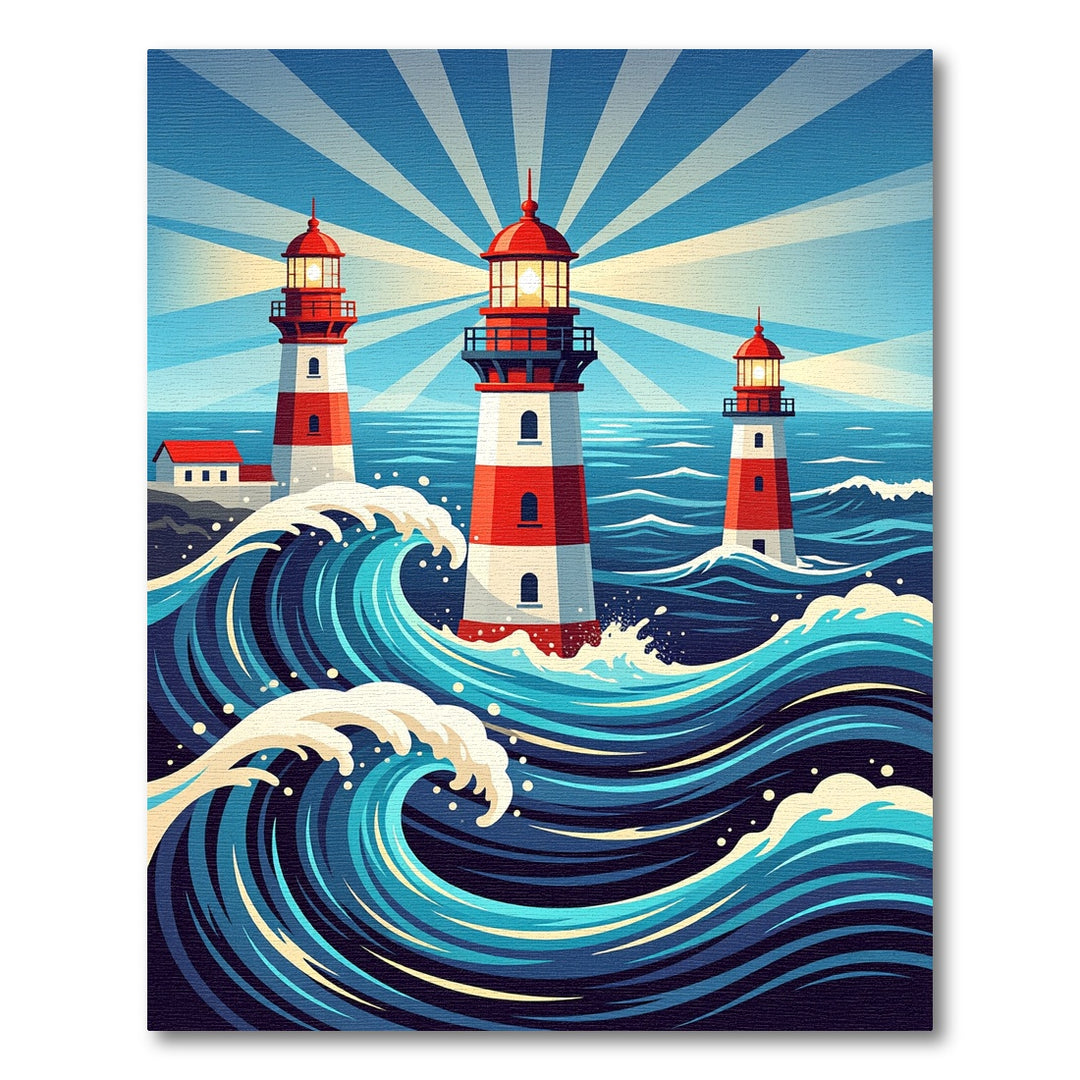Coastal Red White Lighthouse Waves Rug