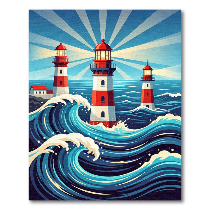 Coastal Red White Lighthouse Waves Rug