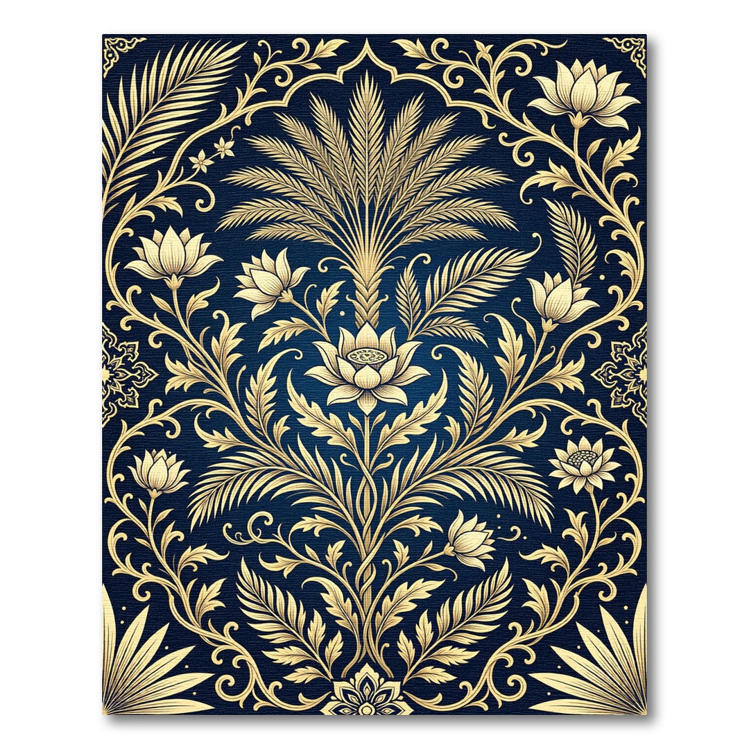 Elegant Gold Lotus Floral Navy Rug