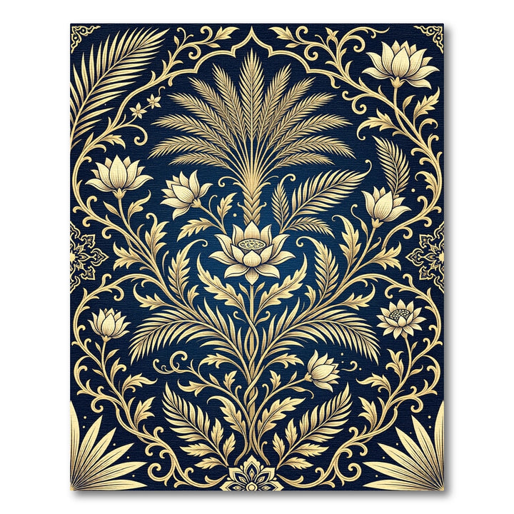Elegant Gold Lotus Floral Navy Rug