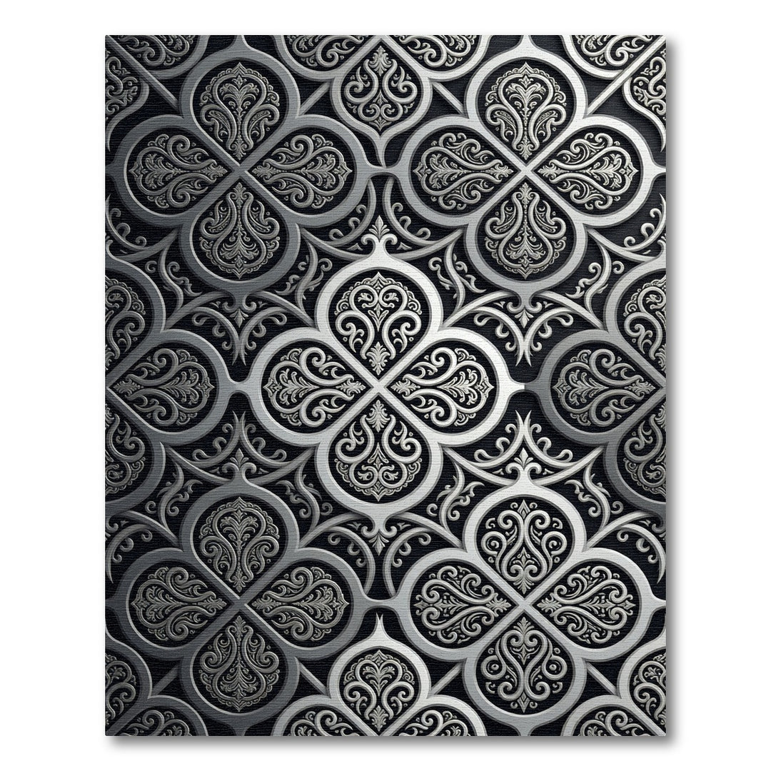 Ornate Silver Scrollwork Luxury Rug