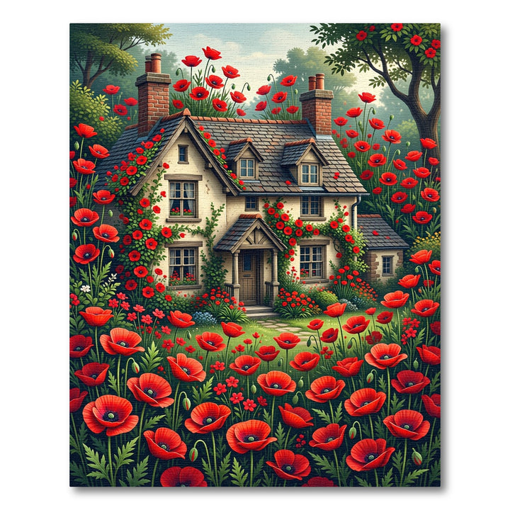 Red Poppy Garden Cottage Scene Rug