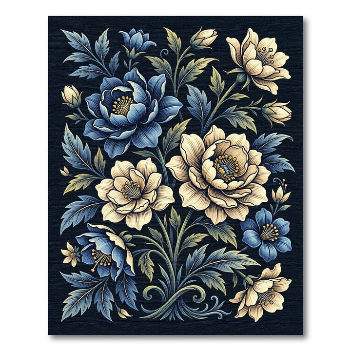 Dark Blue Cream Floral Botanical Accents Rug