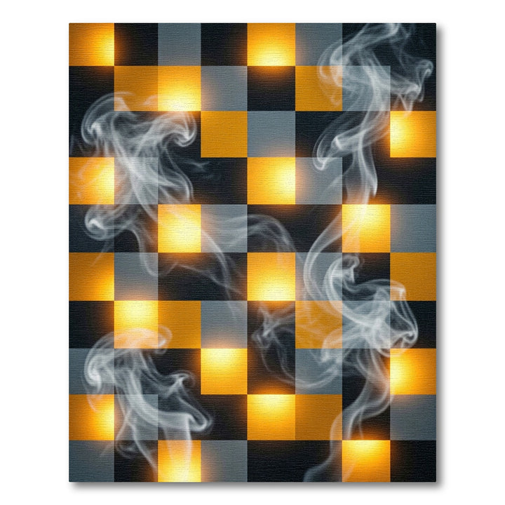 Abstract Smoke Squares Yellow Gray Rug