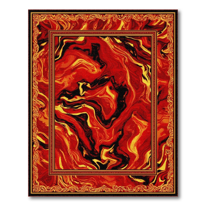 Red Abstract Marble Area Rug with Gold Border