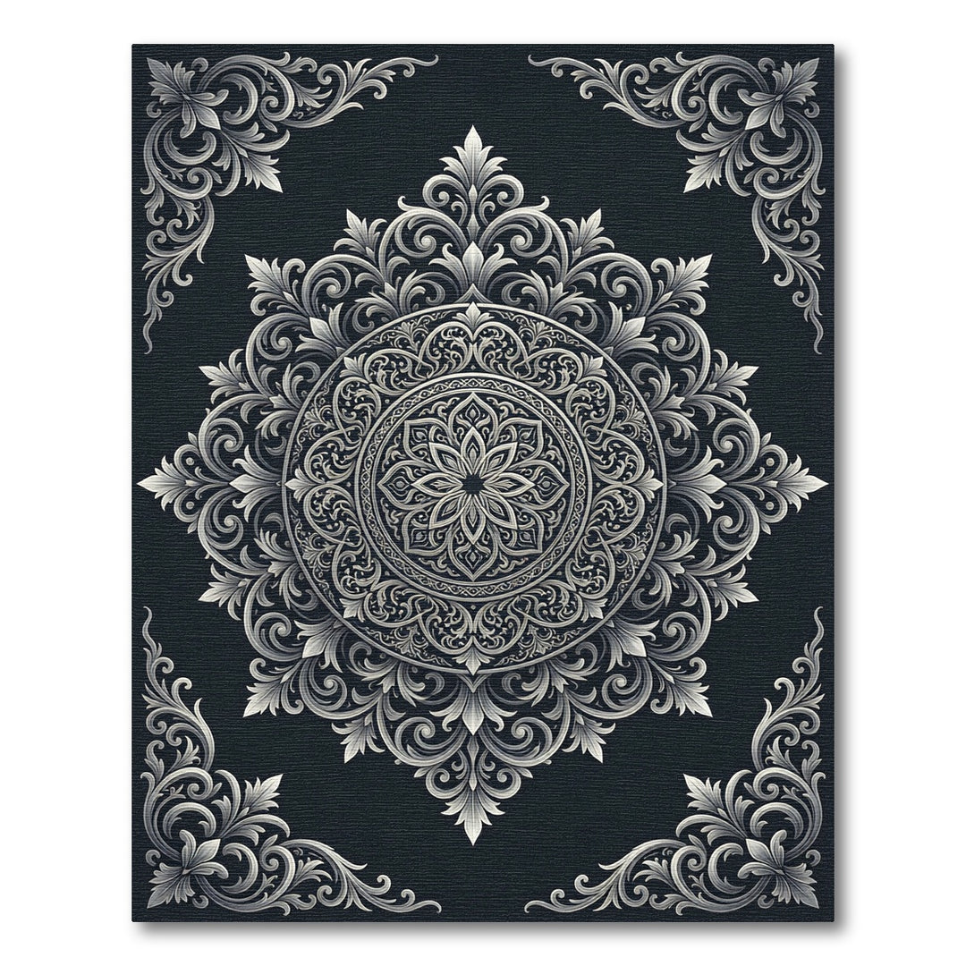 Ornate Black and White Mandala Rug