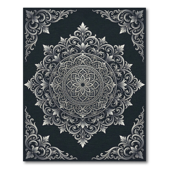 Ornate Black and White Mandala Rug